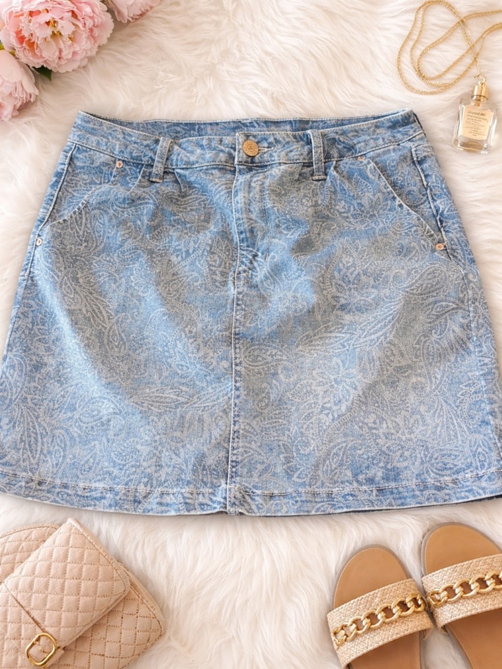 Seven7 Delancey Paisley Denim Mini Skirt | Size 10 | Stretch Jean Skirt Y2K
